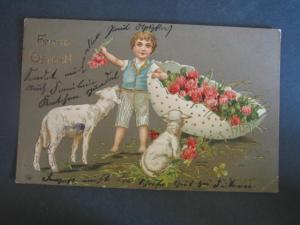 GERMAN EASTER BOY w/ LAMBS c1910 Postcard GILT EMBOSSED