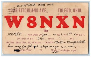 1936 W8NXN Ham Radio QSL Toledo Ohio OH Posted Vintage Postal Card