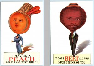 2 Fantasy Postcards FRUIT & VEGETABLE HEAD PEOPLE Peach & Beet 4x6 Repros 1989