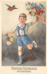 BG14884 boy with flower and a bird  birthday geburtstag germany