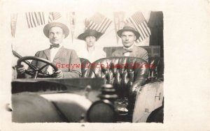 Early Auto, Three Flags, American Flags, RPPC