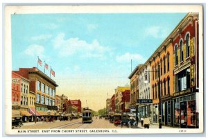 c1930 Main Street East Cherry Street Streetcar Store Galesburg Illinois Postcard