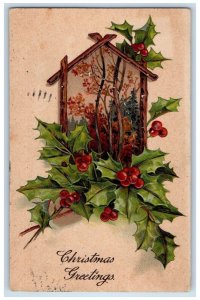 1908 Christmas Greetings Holly Trees Embossed Joliet Illinois IL Postcard