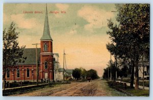 1909 Lincoln Street Building Tower Dirt Road People Antigo Wisconsin WI Postcard