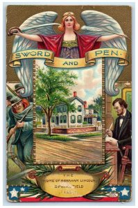 Home Of Abraham Lincoln Springfield IL Angel Sword And Pen Clapsaddle Postcard
