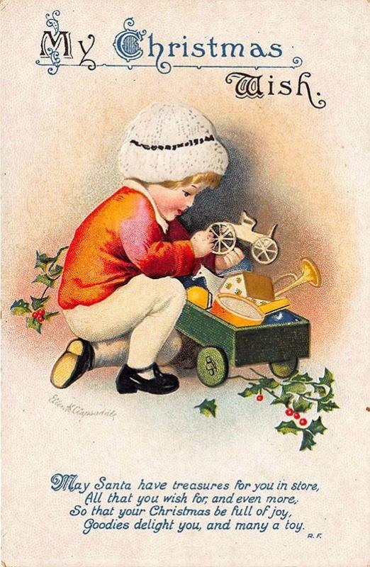 Ellen Clapsaddle My Christmas Wish  Poem Boy & Wagon Postcard