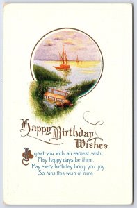 Happy Birthday Wishes Sailing Boat In The Ocean In Framed Greetings Postcard