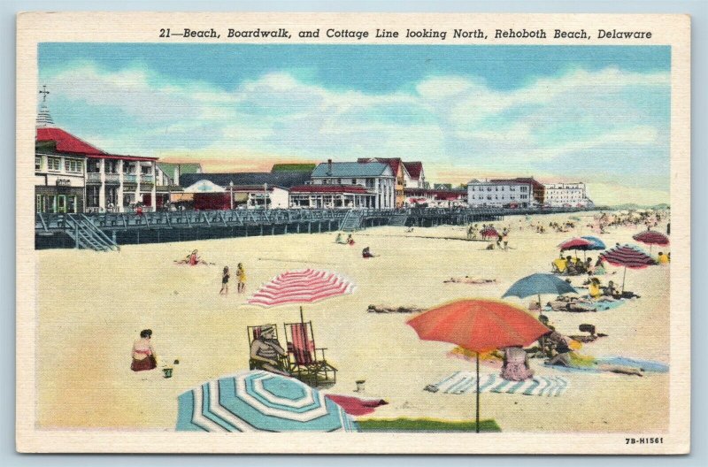 Postcard DE Rehoboth Beach Bathing Beach Boardwalk and Cottage Line Linen T11