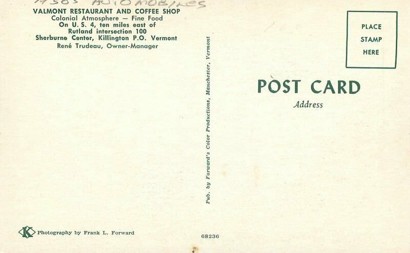 Killington PO Vermont Valmont Restaurant Coffee Shop autos Postcard 22-479