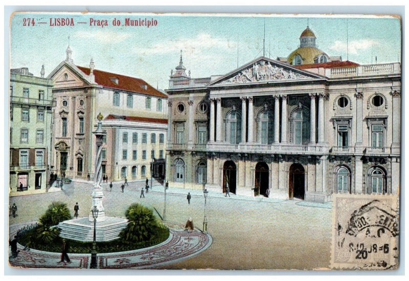 c1910 Municipal Square Lisboa COF Cancel on Front Portugal Antique Postcard