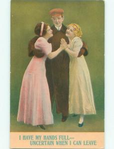 Pre-Linen Slight Risque Interest MAN WITH 2 PRETTY GIRLS HAS HANDS FULL AB7649