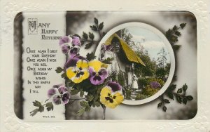 Postcard Greetings birthday flowers house old woman