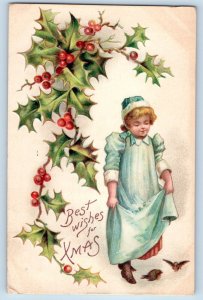 Christmas Postcard Child Girl Feeding Birds Holly Berries Embossed Nash 1908