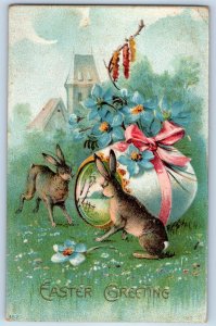 1910 Easter Greeting Bunny Rabbit Egg Flowers Embossed Keyport NJ Postcard