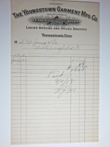 1918 YOUNGSTOWN GARMENT Co Ladies Aprons Dresses YOUNGSTOWN Ohio Letterhead