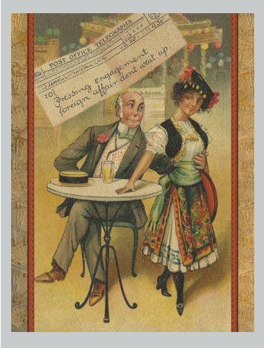 Funny Romantic Postcard Set of 12, Old Fashioned Woman Flirting with Man at Bar