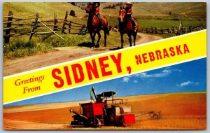 Vtg Sidney Nebraska NE Farming Combine Horses Banner Greetings From Postcard