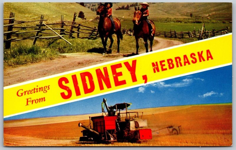 Vtg Sidney Nebraska NE Farming Combine Horses Banner Greetings From Postcard