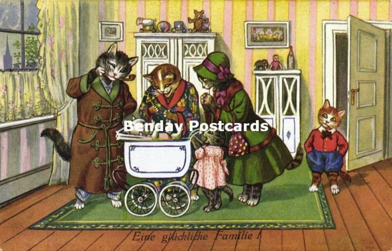Dressed Cats, Happy Family, Smoking Pipe, Kitten in Pram (1920s)
