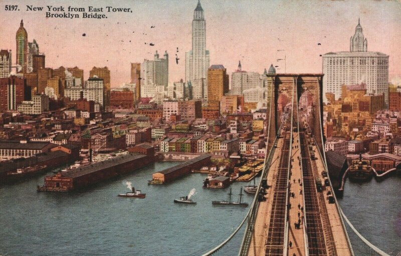 USA New York City From East Tower Brooklyn Bridge Vintage Postcard 08.90