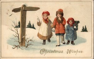 Christmas Children Find Sign for Santa's House c1910 Vintage Postcard