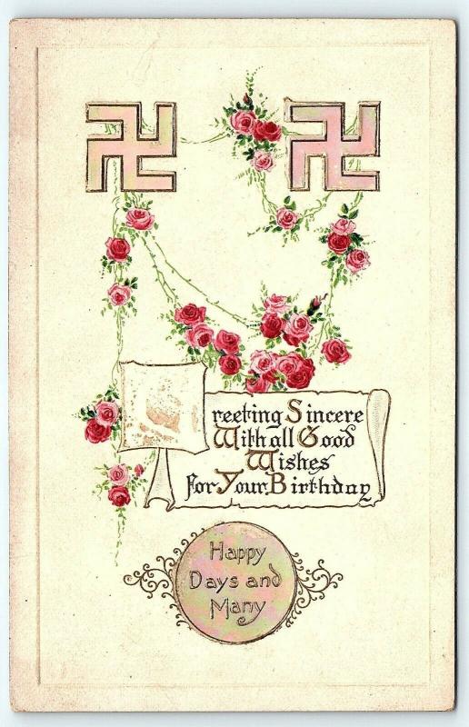 Postcard 1914 Birthday Greetings Double Swastika Opalescent Mother of Pearl R01