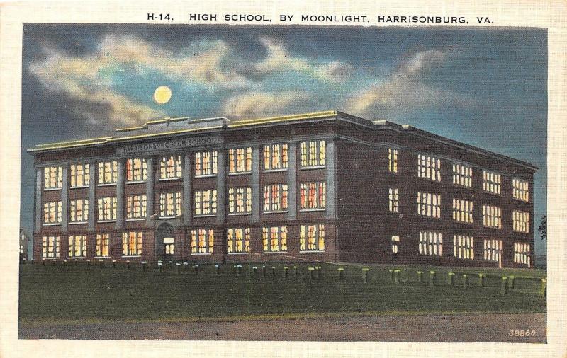 A83/ Harrisonburg Virginia Va Postcard c1910 High School Building Moonlight