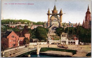 A View of Stockholm Sweden Bridge Castle Buildings Flag Trees Postcard