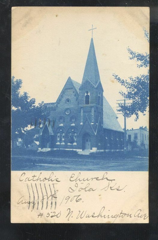 RPPC CYANOTYPE IOLA KANSAS CATHOLIC CHURCH 1906 VINTAGE REAL PHOTO POSTCARD