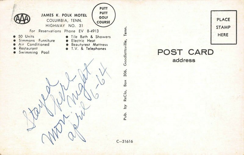NASHVILLE  & COLUMBIA TN MOTELS~CONGRESS INN & POLK MOTEL-LT OF 2 1960s POSTCARD