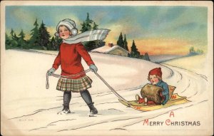 Christmas Big Sister Pulls Little Brother on Sled Siblings Vintage Postcard