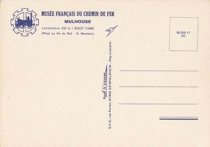 LOCOMOTIVE 232 U I SNCF 1949 MULHOUSE Railway Station postcard