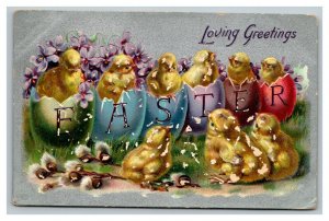 Vintage 1909 Tuck's Easter Postcard - Giant Colored Eggs Cute Chicks Silver Face