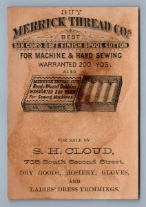 MERRICK THREAD CO. VICTORIAN TRADE CARD S.H.CLOUD ACROBAT US FLAG