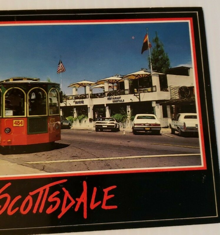 Vintage Postcard Scottsdale Arizona trolley shopping district old auto cars 1987