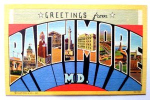 Greetings From Baltimore Maryland Large Big Letter Postcard Linen Curt Teich