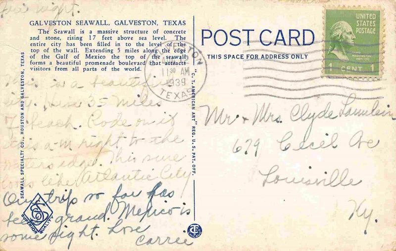 Seawall Galveston Texas 1939 linen postcard
