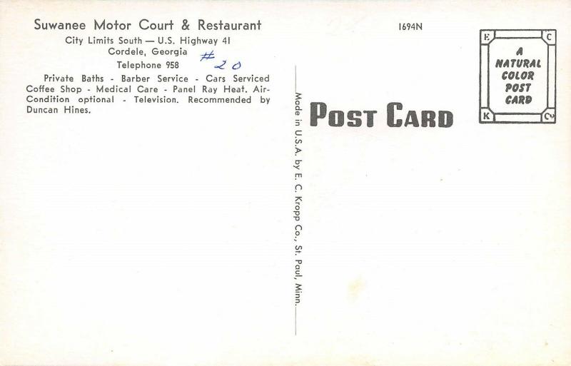 Cordele Georgia GA 1960s Postcard Suwanee Motor Court & Restaurant 