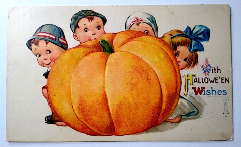 Halloween Postcard Children Behind Giant Pumpkin Winsch Back Gottschalk Dreyfuss