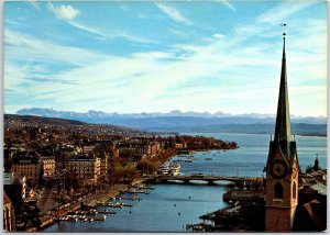 VINTAGE CONTINENTAL SIZE POSTCARD AERIAL VIEW THE ST. PETER BRIDGE ZURICH SWISS