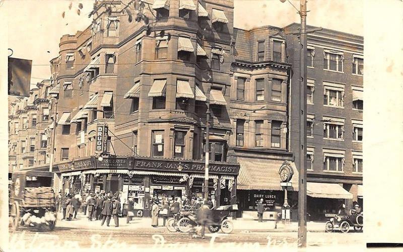 Boston MA Frank Janes Drug Store Horse Drawn Wagon Old Cars Clock Collar RPPC