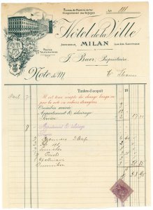 c.1900 Hotel De La Ville Milan Italy Letterhead Bill Tax Stamp #DL