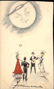 Man in the Moon Fantasy Globe People Play Music c1900 TRIMMED Postcard