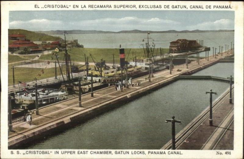 Panama Canal Steamship in Locks East Chamber SS CRISTOBAL c1920 Postcard