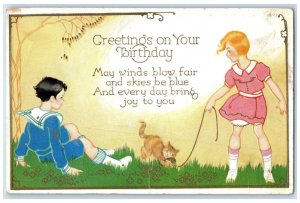 1939 Birthday Greetings Children Cat Playing Embossed Posted Vintage Postcard
