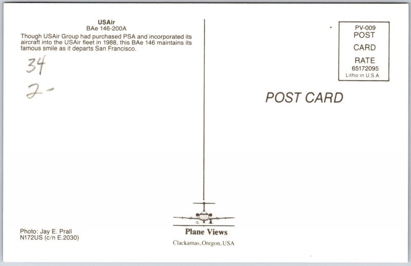 Airplane USAir BAe 146-200A N172US Departs in San Francisco California Postcard