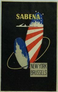 1940's-50's Sabena Airlines New York Brussels Luggage Label Original E18