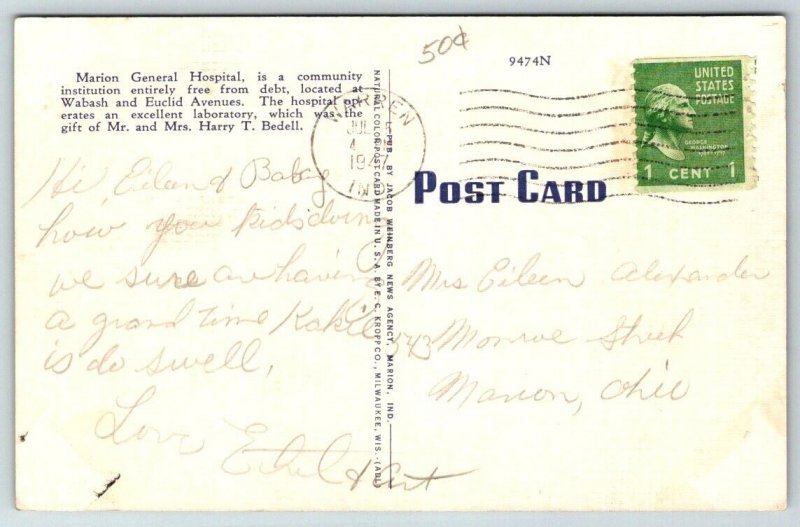 Marion General Hospital    Indiana  Postcard  1947