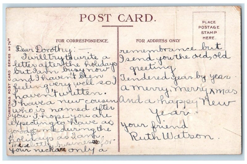 Christmas Postcard Holly Berries Mistletoe Winter Scene Embossed c1910's Antique