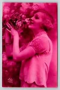 Vintage 1920s Art Deco Postcard Elegant Woman with Roses Pink Monochrome Ela